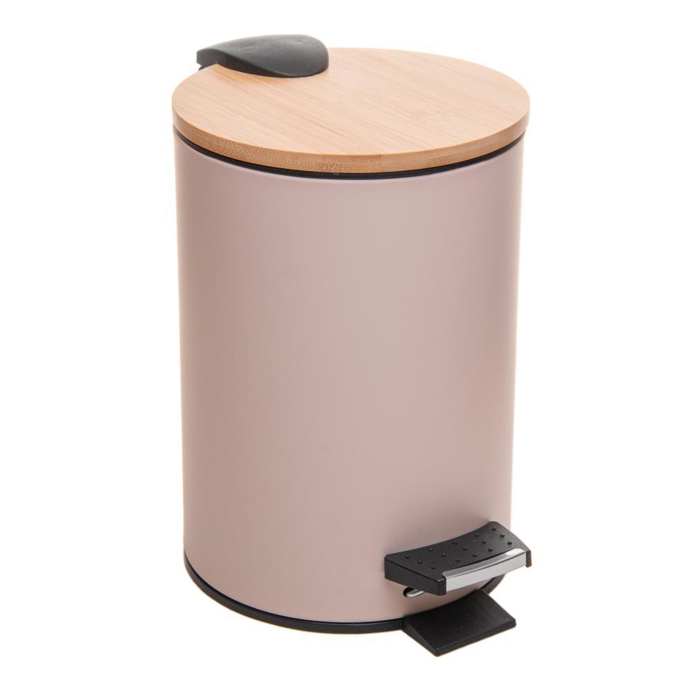 Lixeira Redonda 3L com Pedal Tampa de Bambu Aço Inox Bege Lyor para Banheiros Lavabo Escritório Organização e Uso Diário