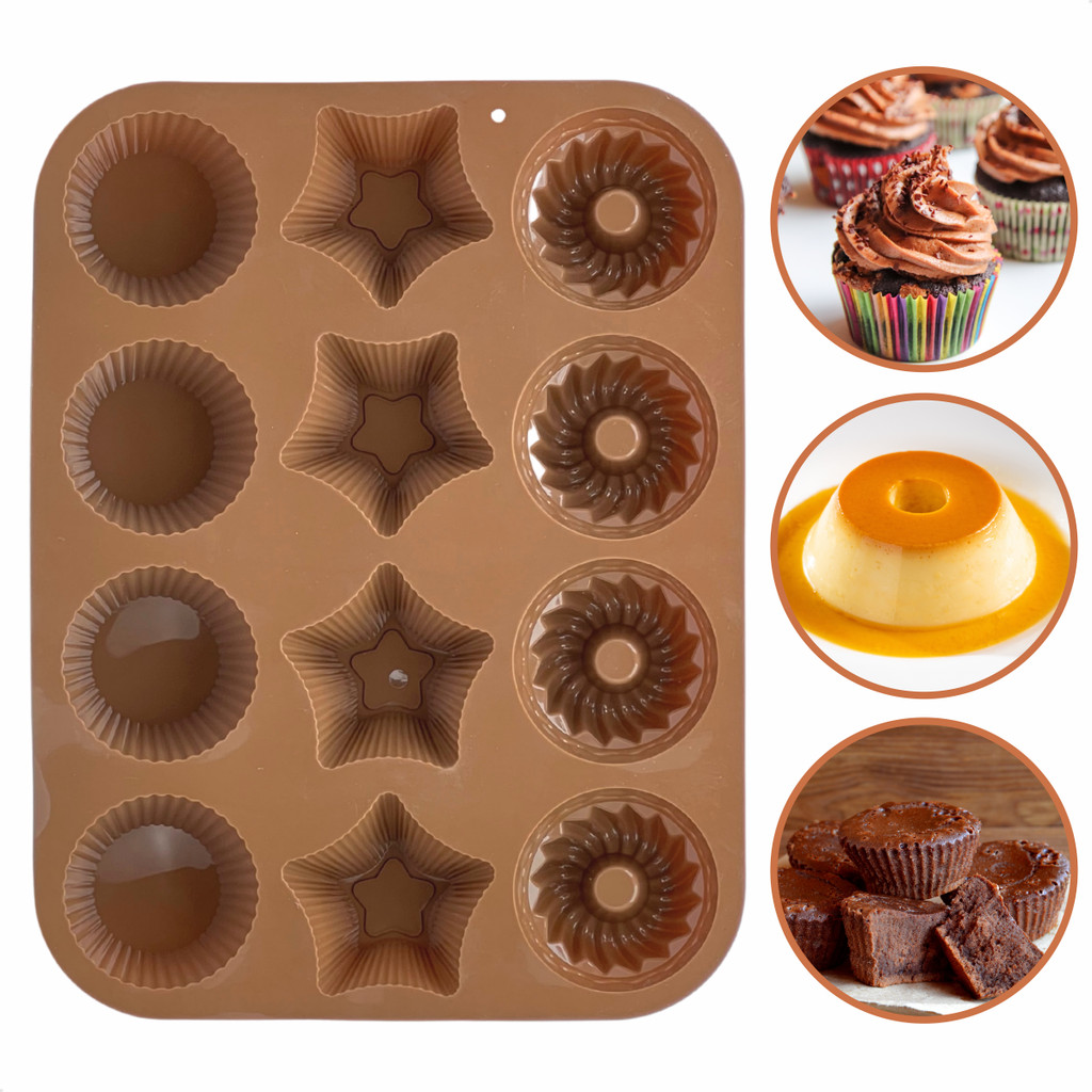 Forma De Silicone Assadeira Antiaderente Com 12 Cavidades 3 Em 1 Mini Pudim Bolinhos Marrom
