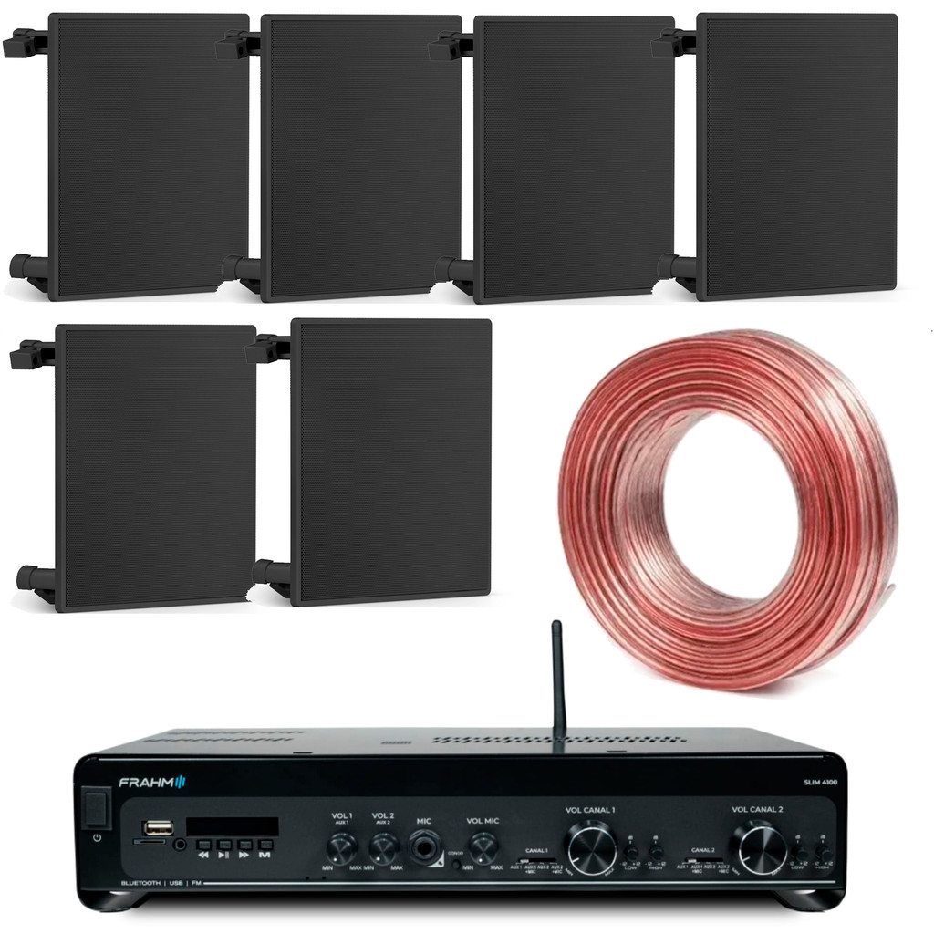 Kit Som Ambiente Amplificador Slim 4100 + 6 Arandelas Preta  Frahm + 100 Metros Fio 2x1,5 em Oferta na Shopee
