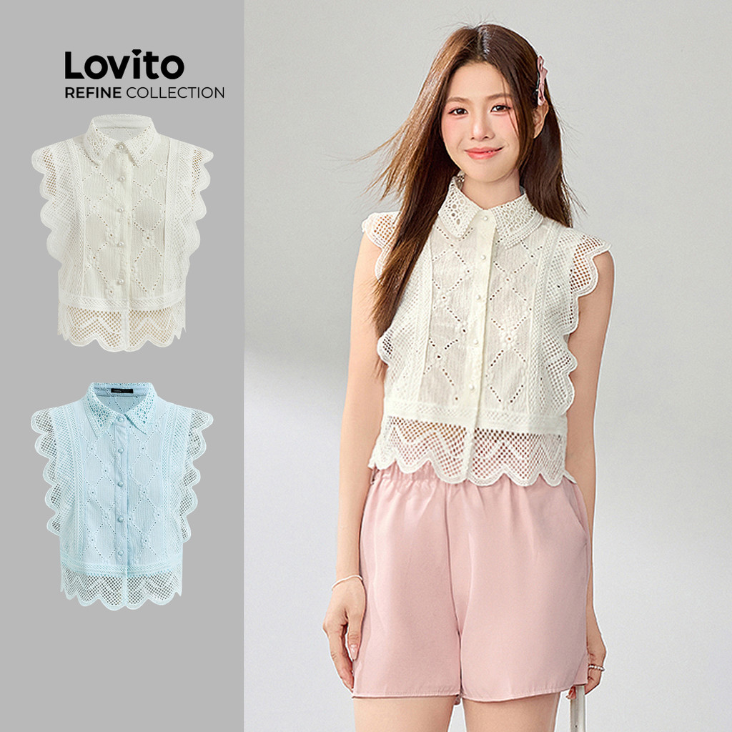 (Lovito Refine) Regata Casual De Renda Verão/Primavera Para Mulheres LR2AD066 em Oferta na Shopee