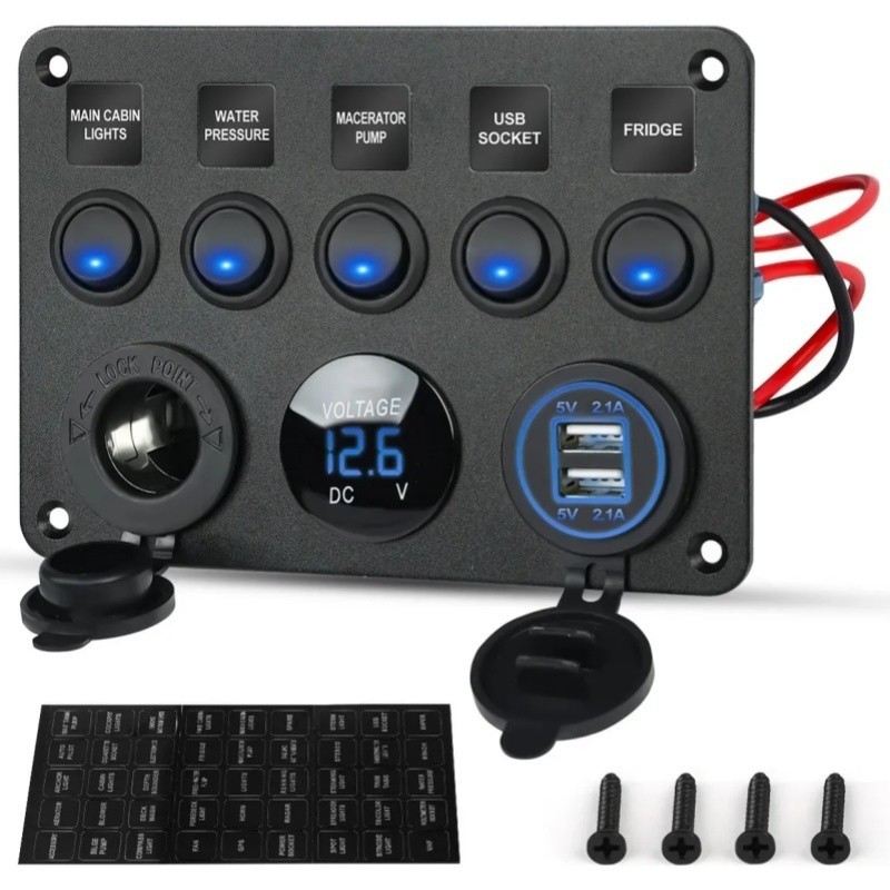 Painel Elétrico 5 Chaves 2 Usb Com Voltímetro Lancha Barco 12-24V em Oferta na Shopee