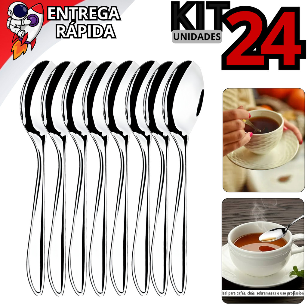 Kit 24 Colheres de Chá Inox Café Sobremesa Premium em Oferta na Shopee