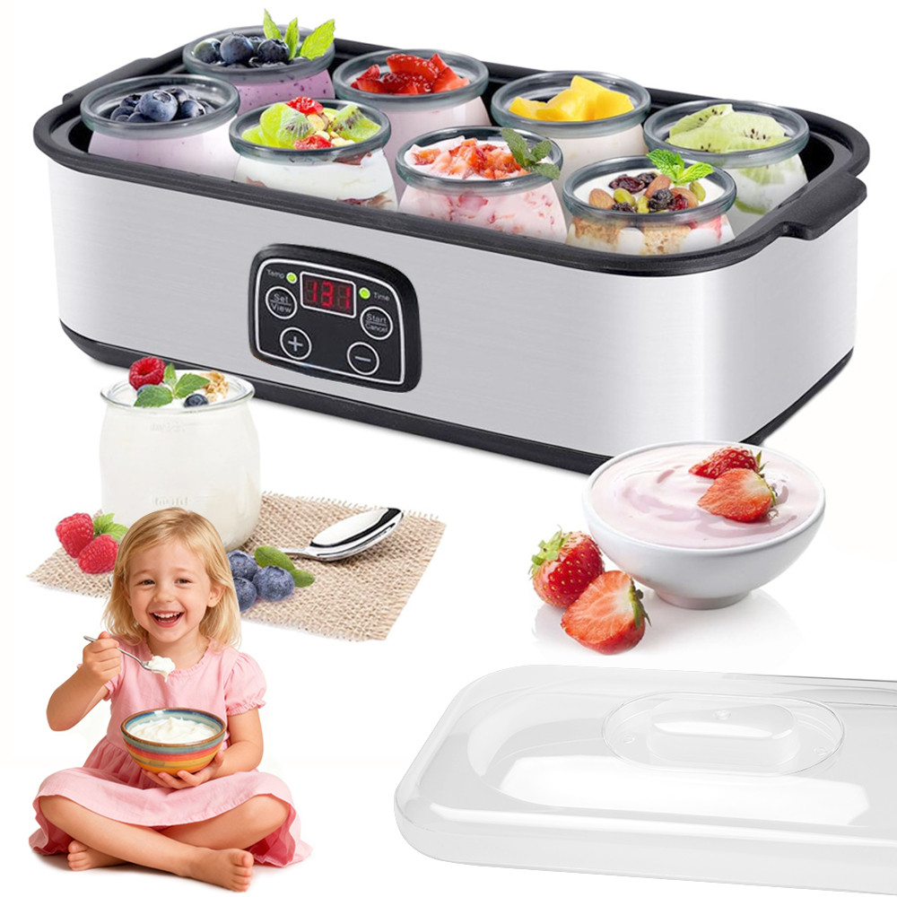 Logurteira Elétrica Ajustável 1.5L com 8 Copos – Faça Iogurte Natural em Casa 220V Prateada