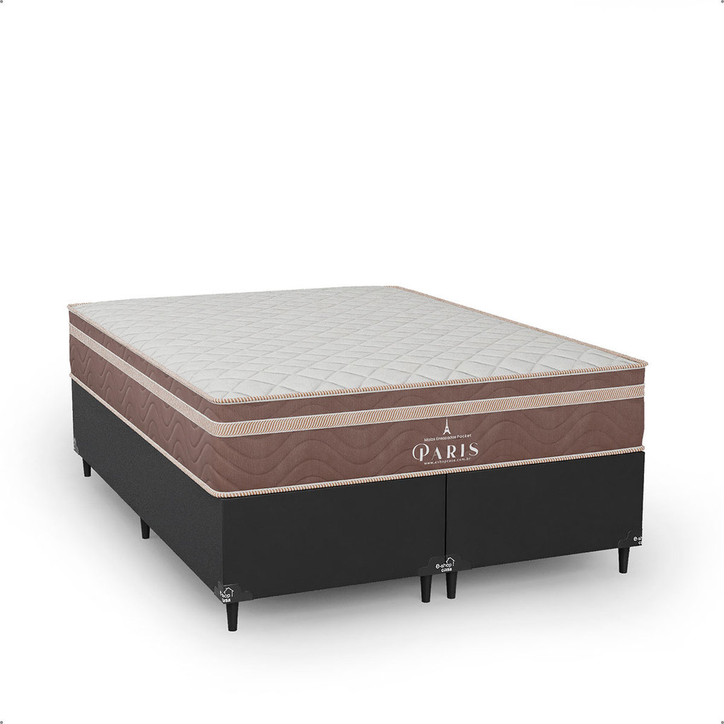 Cama Box Casal Bipartido Couro Preto + Colchão Paris Molas Ensacadas Marrom - e-Shop Casa