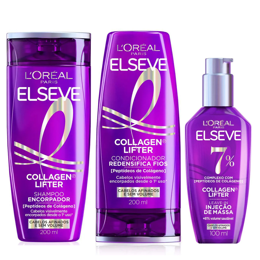 KIT ELSEVE COLLAGEN LIFTER SH + COND + LEAVE-IN DE MASSA 100ML em Oferta na Shopee