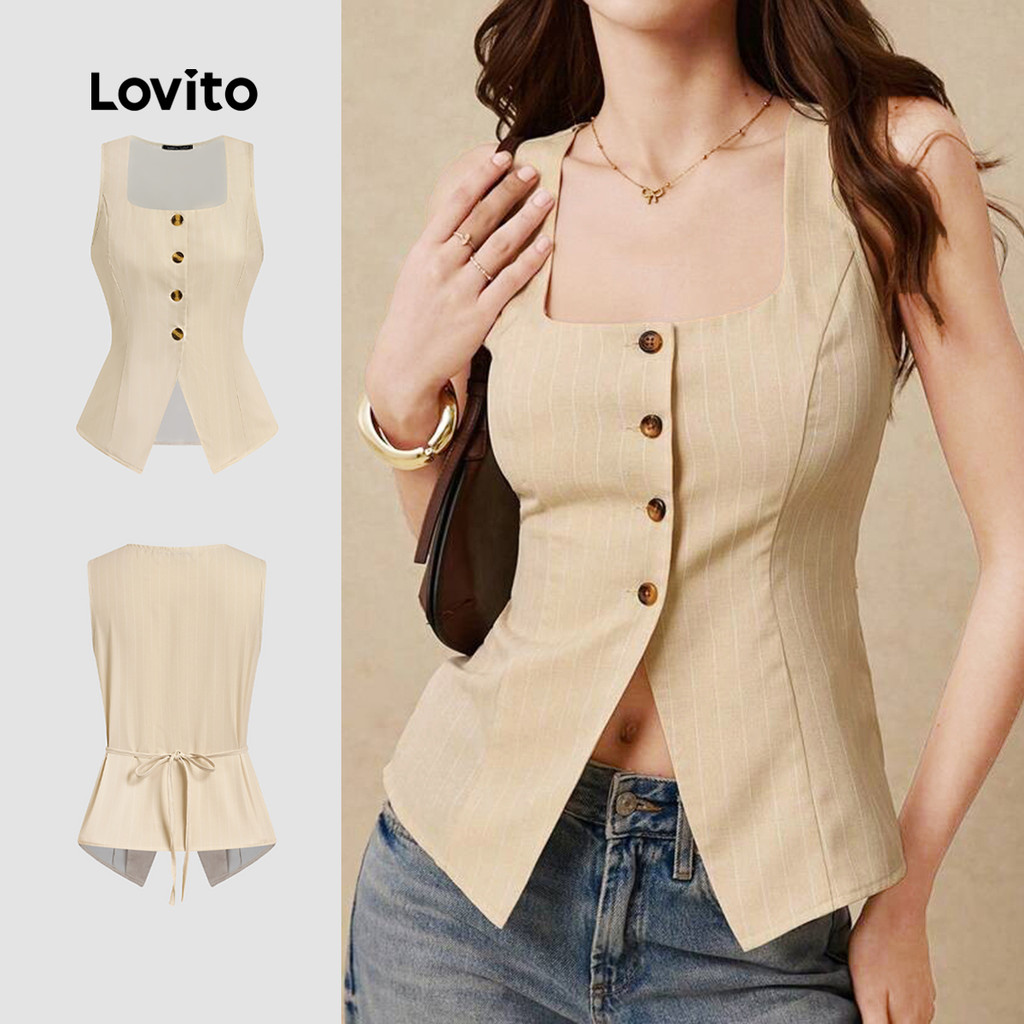 Lovito Blusa Casual Com Botões E Abertura Frontal, Primavera/verão, Cáqui, Para Mulheres L138AD852 em Oferta na Shopee