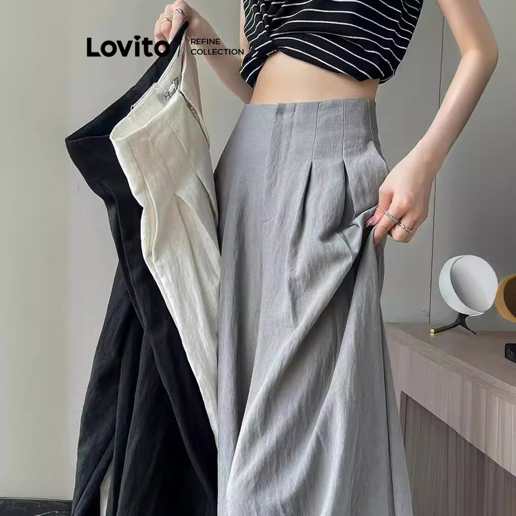 (Lovito Refine) Calça casual plissada lisa para mulheres LNE77778 em Oferta na Shopee