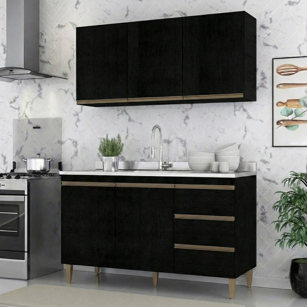 Kit Armário de Cozinha 2 peças Balcão para Pia 120cm Aéreo 3 Portas Preto Milão Menu Móveis