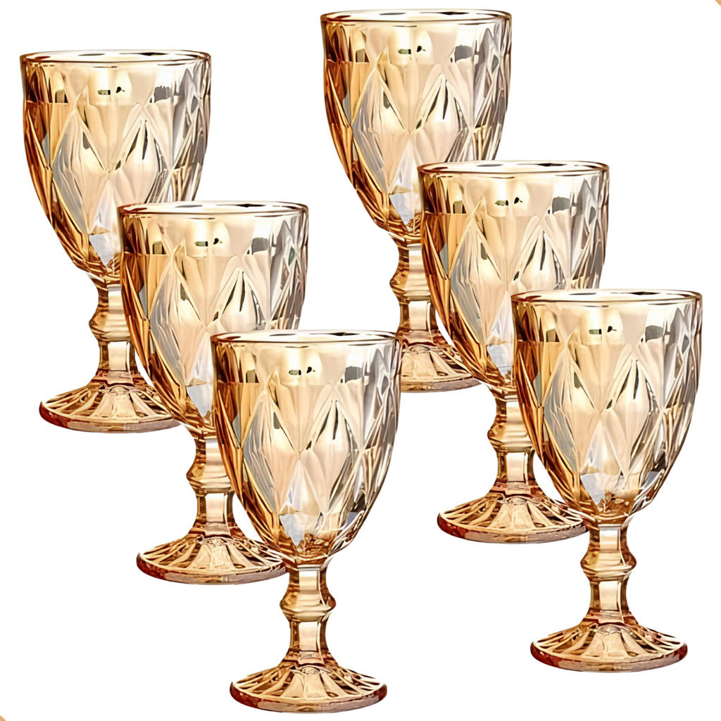 Jogo de 6 Taças de Vidro Diamond Transparente Ambar Furta Cor Verde Azul Fume Bico De Jaca 330ml Premium