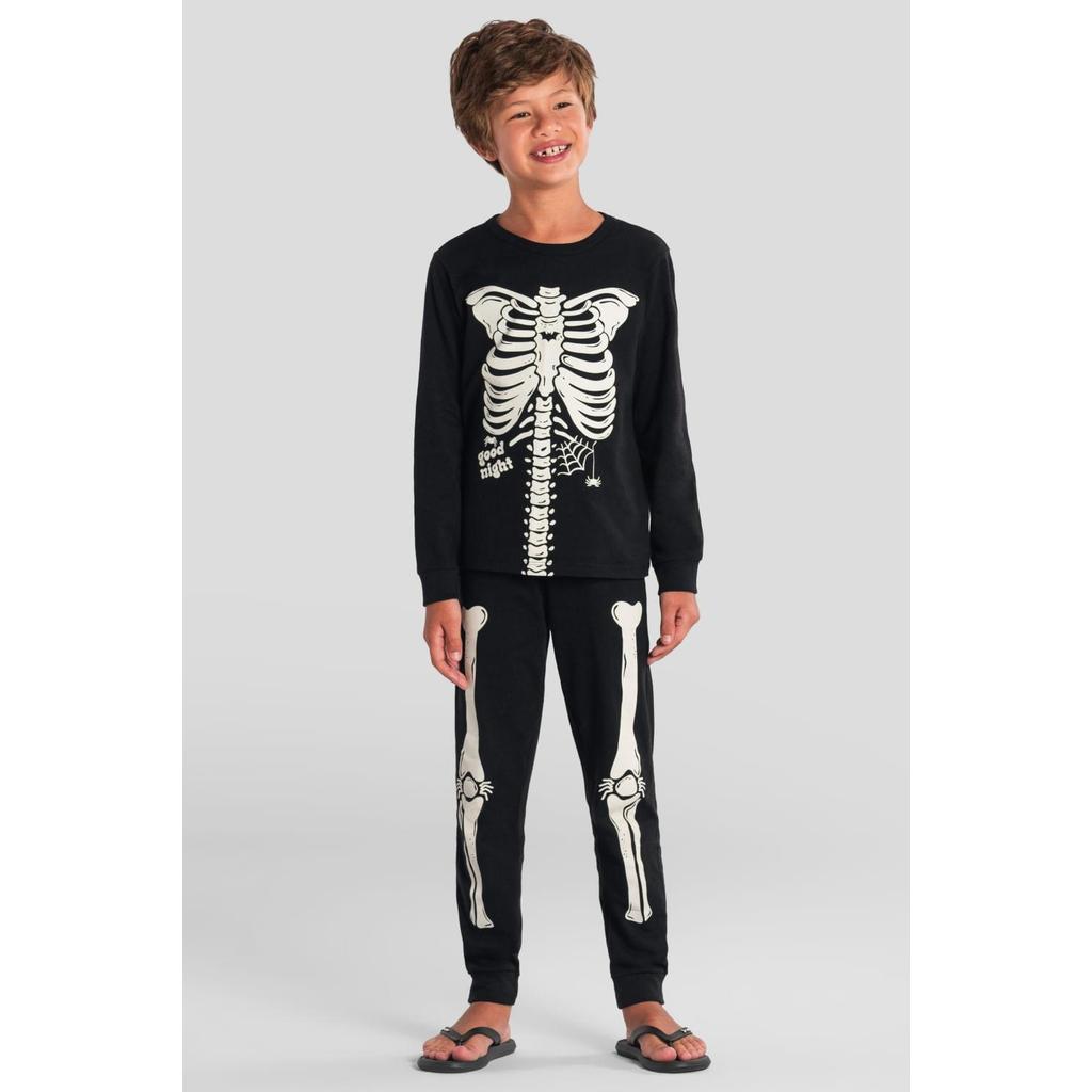 Pijama infantil unissex de esqueleto brilha no escuro Brandili em Oferta na Shopee