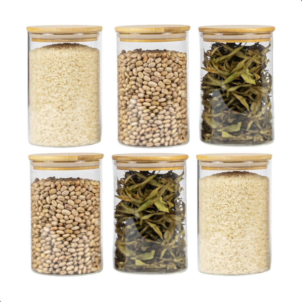 Kit 6 Potes Herméticos Organizadores de Vidro Com Tampa de Bambu Condimentos Macarrão Cereais Transparente Empilhavel