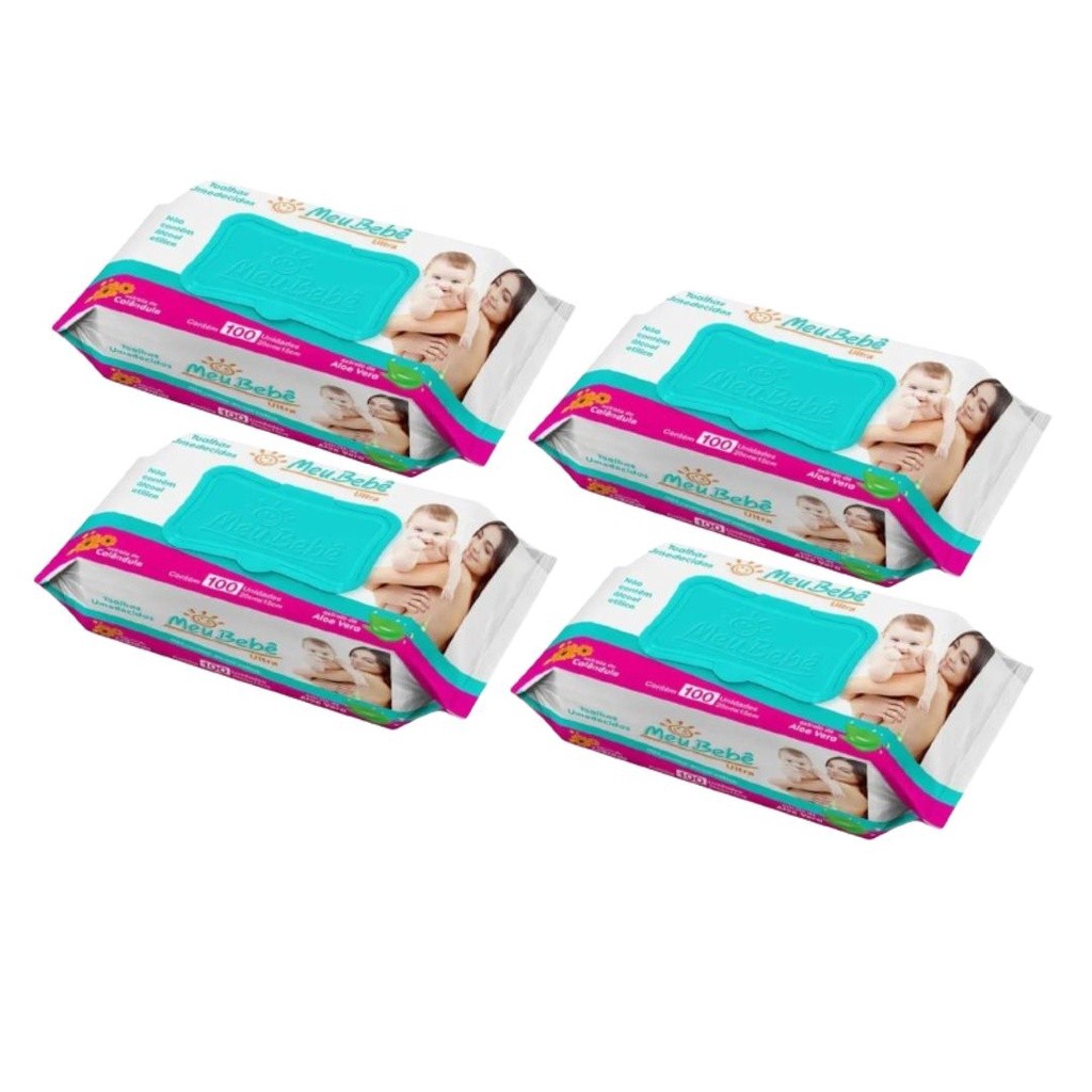 Kit Lenço/Toalha umedecida Meu Bebê Ultra c/ 400 unidades - 4 pacotes c/ 100 unid. em Oferta na Shopee