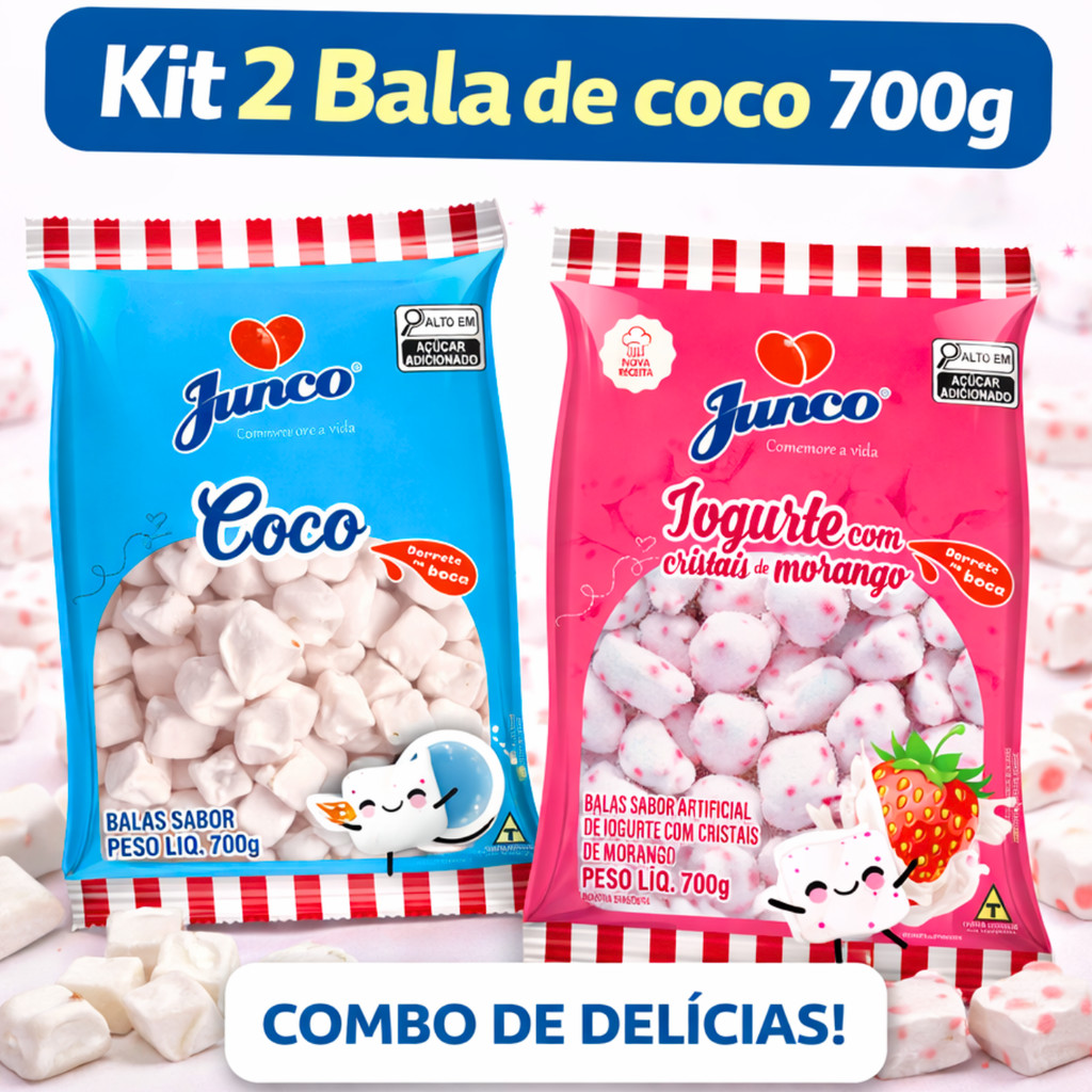 2 Pacotes Bala de Coco e Morango Iogurte 700g Aniversário Festas Junco em Oferta na Shopee