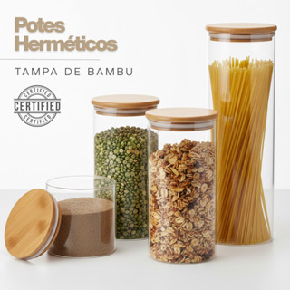 Porta Mantimento De Vidro Herméticos Kit Com 4 Potes Tampa De Bambu em Oferta na Shopee