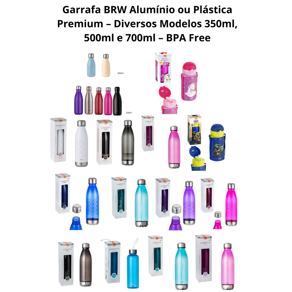 Garrafa Alumínio ou Plástica Premium – Diversos Modelos 350ml, 500ml e 700ml – BPA Free - BRW em Oferta na Shopee