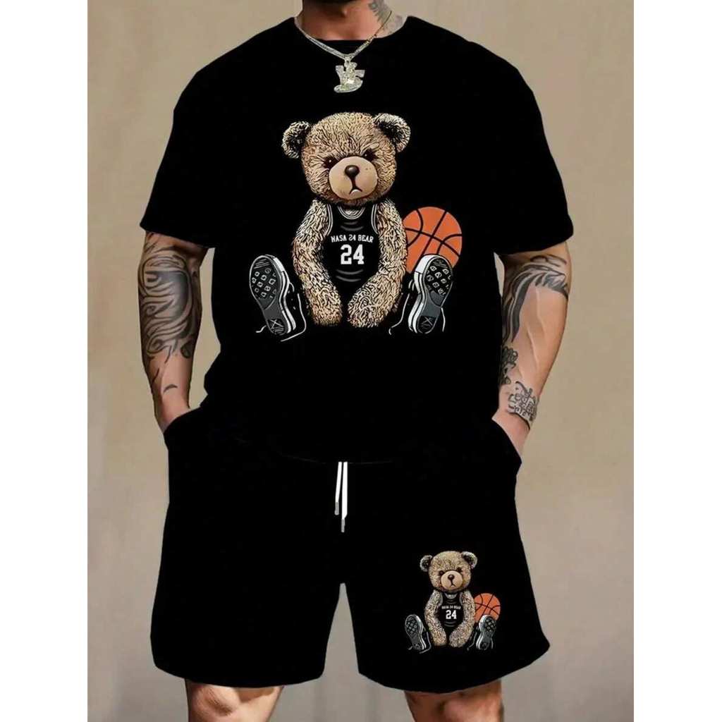 Conjunto Urso Basquete 24 Camiseta e Short Tactel Masculino Shorts Treino Academia Esporte Fitness Casual