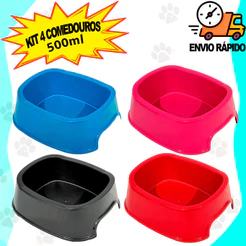 Kit 4 Comedouros Pote de Ração e Água Médio Porte 500ML Comedouro Cachorro Gato
