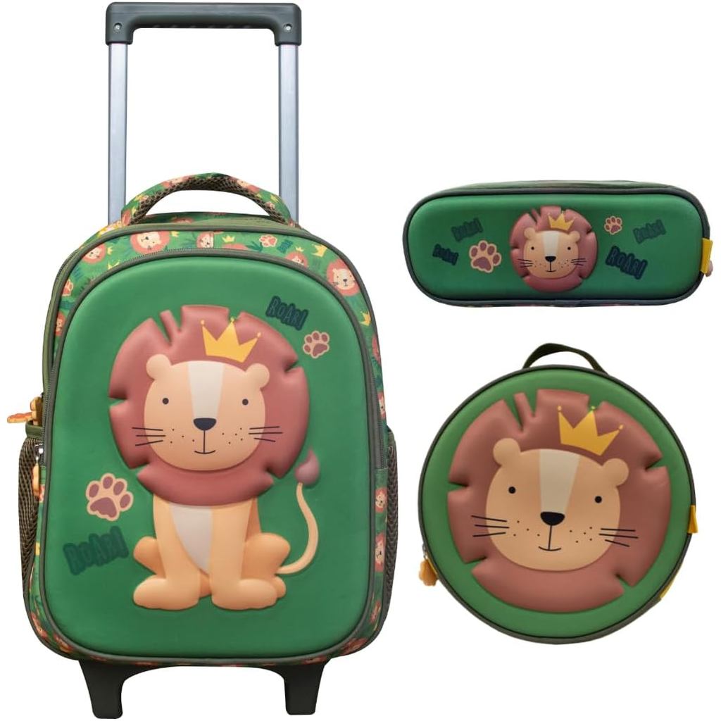 Mochila de Rodinha Lancheira e Estojo 3D Leão Yins YS42245 (Verde)