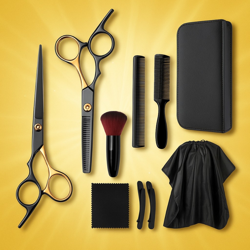 Kit Barbeiro Profissional com Tesoura Corte e Desbaste, Pentes, Capa e Estojo | Luatek