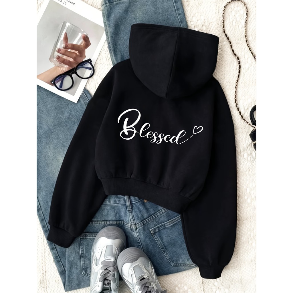 Moletom cropped com Capuz de Zíper Curto Estampa Versátil de Coração e Letras Estilo Simples para Inverno