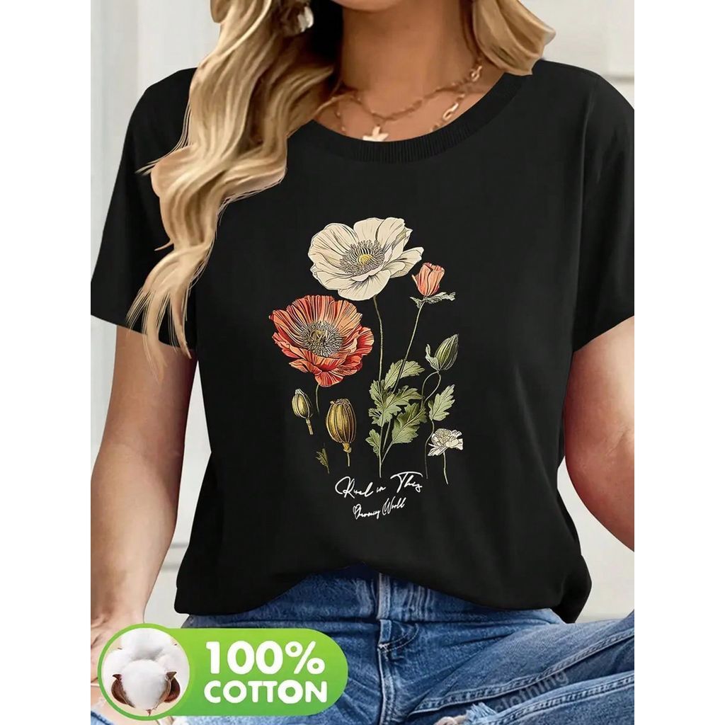 Camiseta Algodão Feminina Básica Premium Floral Presente Casual Moda Primavera Confortável