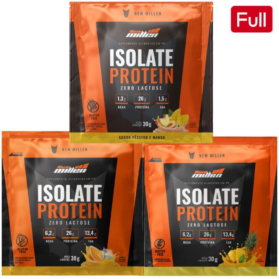 ISOLATE PROTEIN NEW MILLEN KIT 3 UN SACHE SABOR SUCOS - SEM GLUEIN - PROTEINA DA CARNE - SORTIDOS em Oferta na Shopee