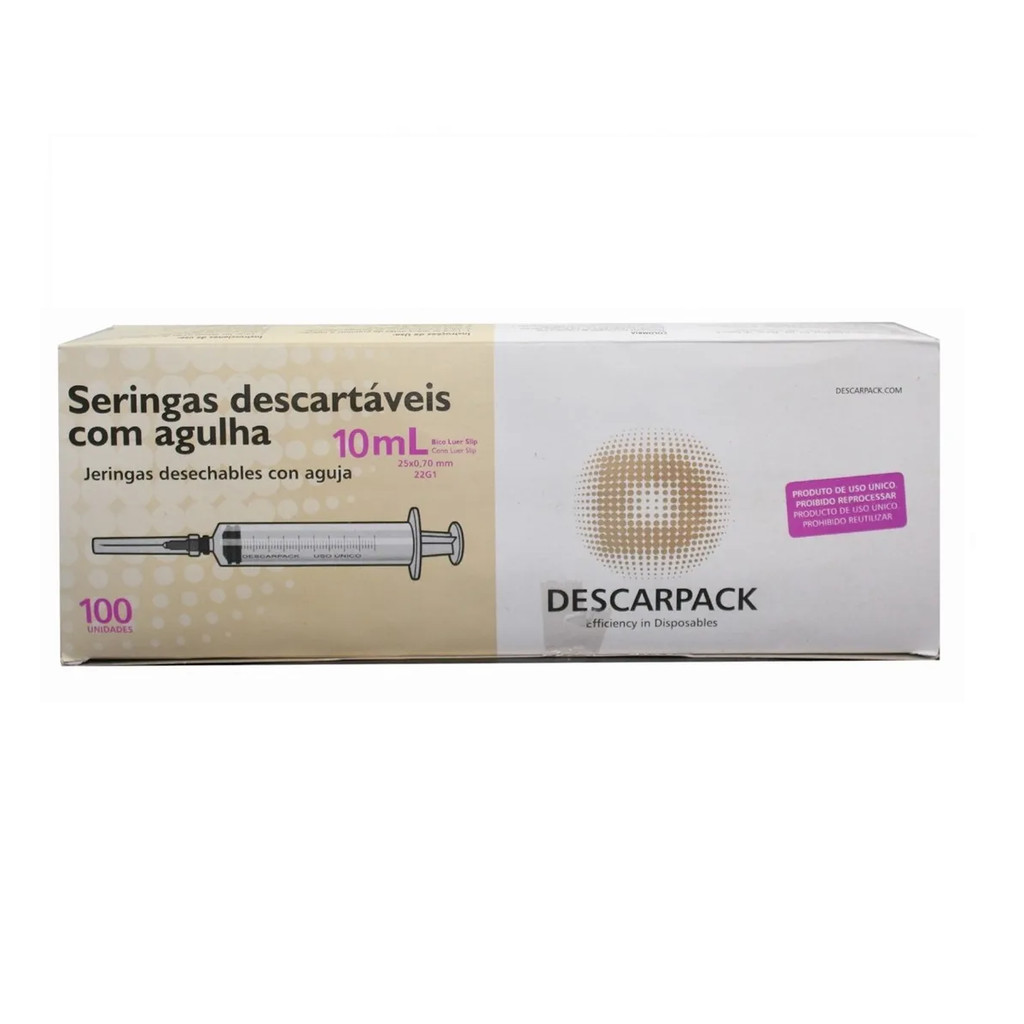SERINGA 10ML COM AGULHA 25X0,70 SLIP DESCARPACK  CX COM 100 UNIDADES