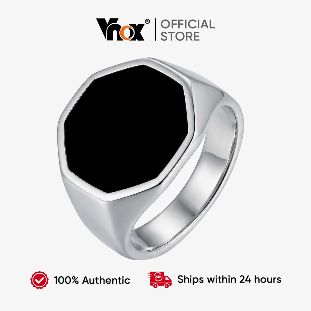 Anel Masculino Vnox Hexágono De Aço Inoxidável Preto Esmalte Hipoalergênico Minimalista Tom Prateado Presente