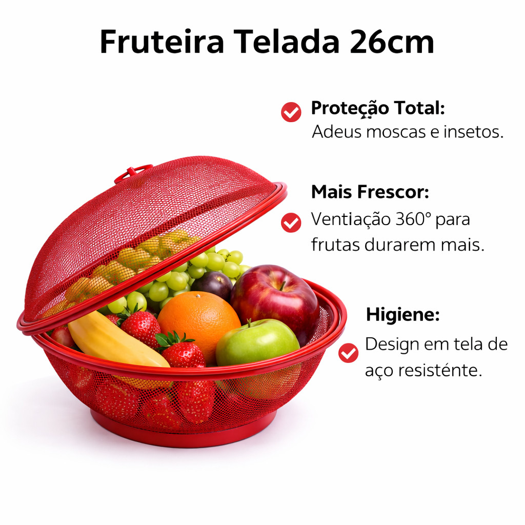 Detalhes do Fruteira Telada 26cm com Tampa Protetora Aço Ventilada Anti Moscas Insetos Cozinha Casa