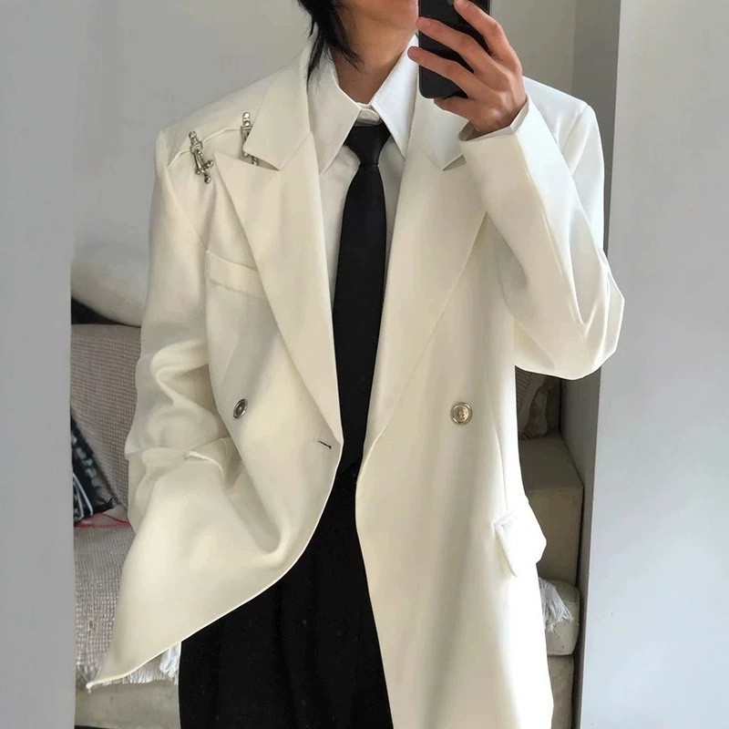 Metal avião fivela Design branco terno jaqueta masculina primavera outono High-End solto rufião bonito frito rua Casual 