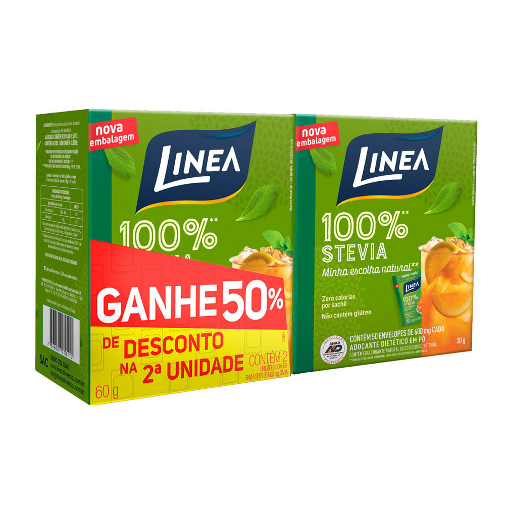 Adoçante Linea Stevia 100% Pó com 2 Unidades 50 Sachês cada Ganhe 50% de Desconto na 2ª Unidade em Oferta na Shopee