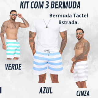 Short Tactel Kit Com 3 Listrada Bermuda Masculina Poliéster