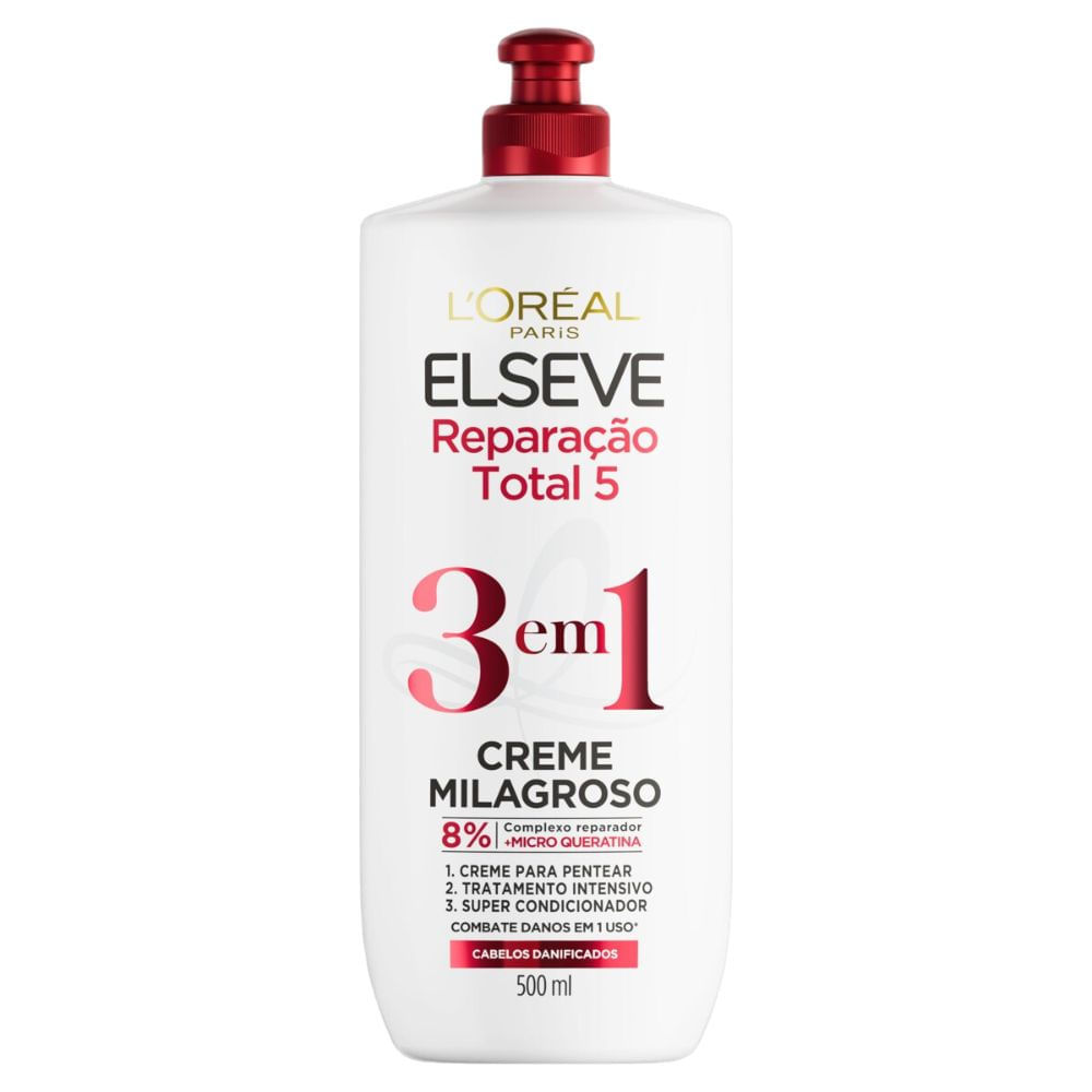 Creme para Pentear Elseve Milagroso 3 em 1 Reparação Total 5 com 500ml em Oferta na Shopee