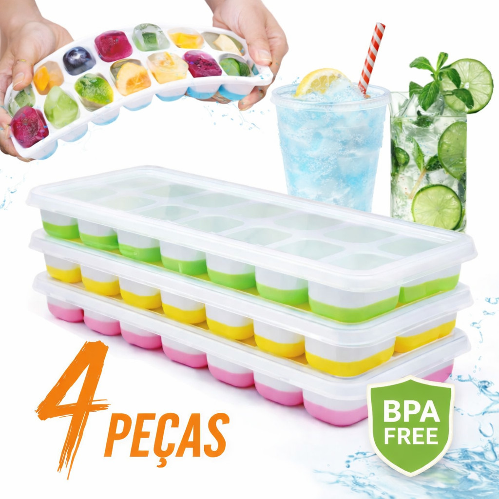 Imagem Kit 4 Formas de Gelo Silicone 14 Cubos com Tampa Rígida Fundo Flexível Desenforma Fácil Freezer