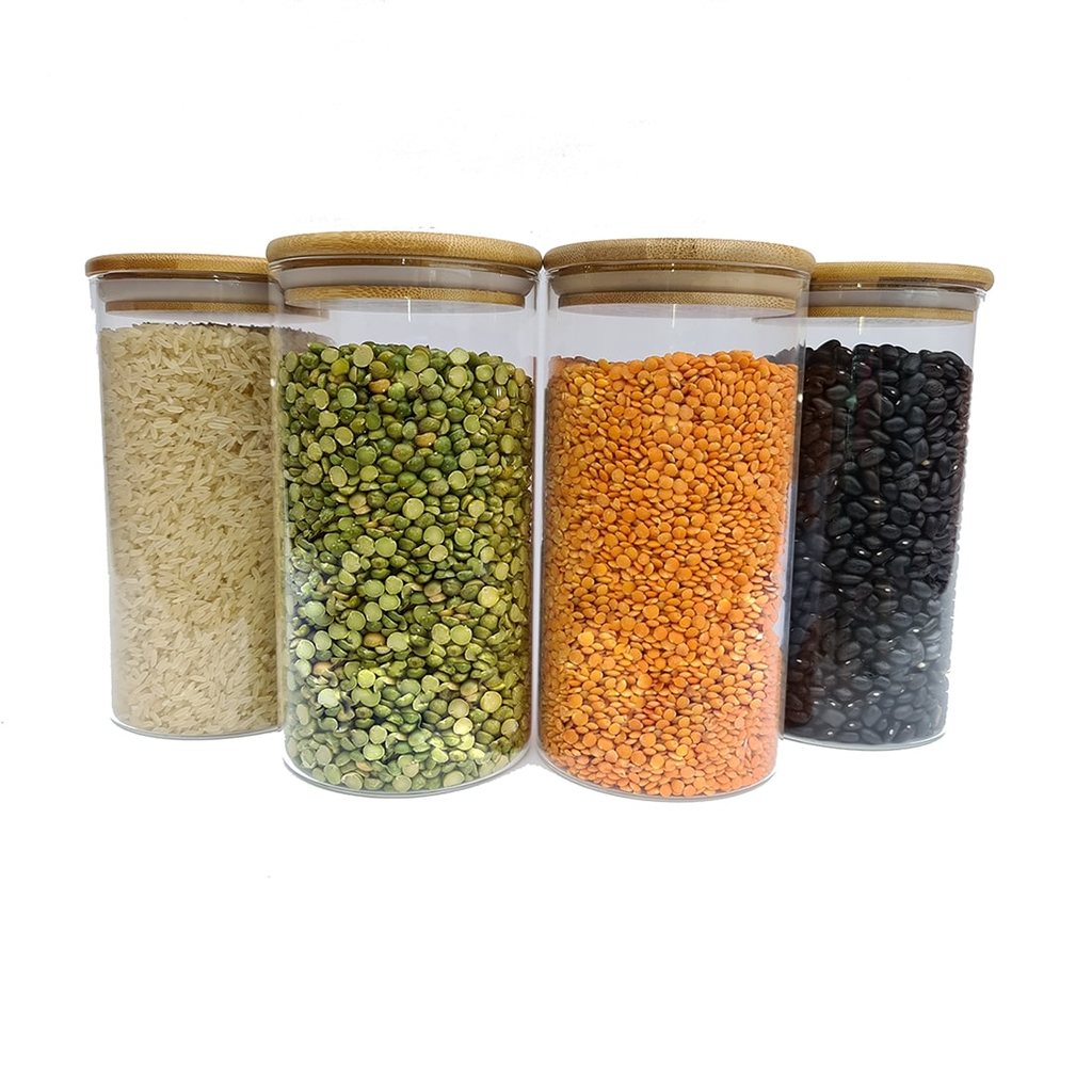 Potes de Vidro P/ Mantimentos 1100ml C/ Tampa Bambu - 4 Pçs Oikos