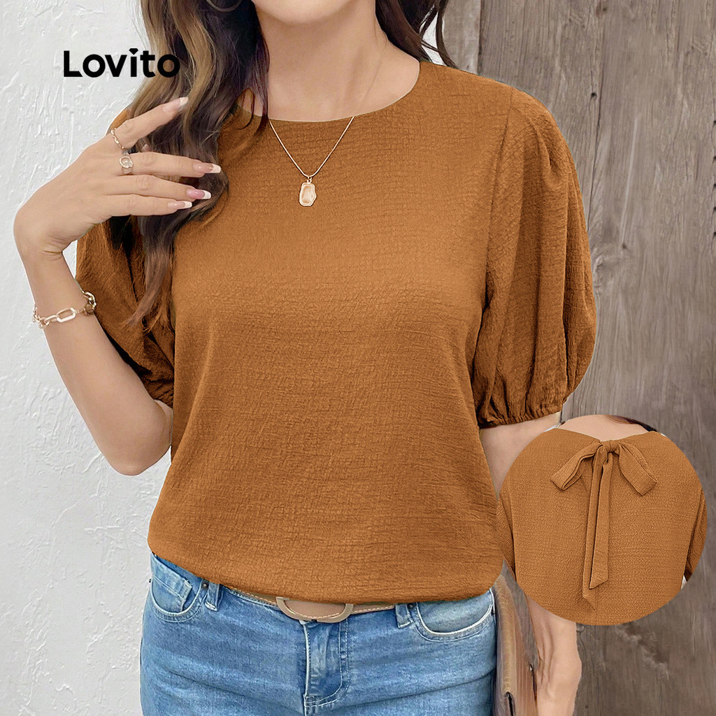 Lovito Blusa Casual Com Amarração Nas Costas E Pregas Simples Primavera/verão Na Cor Marrom Para Mulheres L155AD394 em Oferta na Shopee