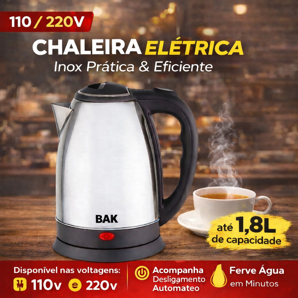 Chaleira Elétrica Inox 1,8L 110V ou 220V Desligamento Automático Ferve Água Rápido Cozinha