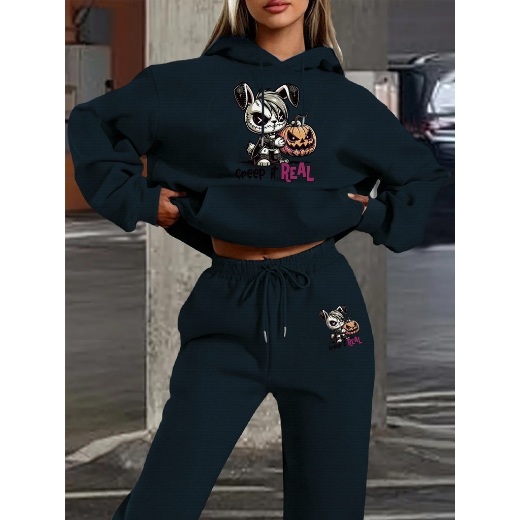 Conjunto de Duas Peças Outono/Inverno 2025, Moletom com Estampa Gráfica Coelho Abóbora Halloween e Calça Jogger Casual