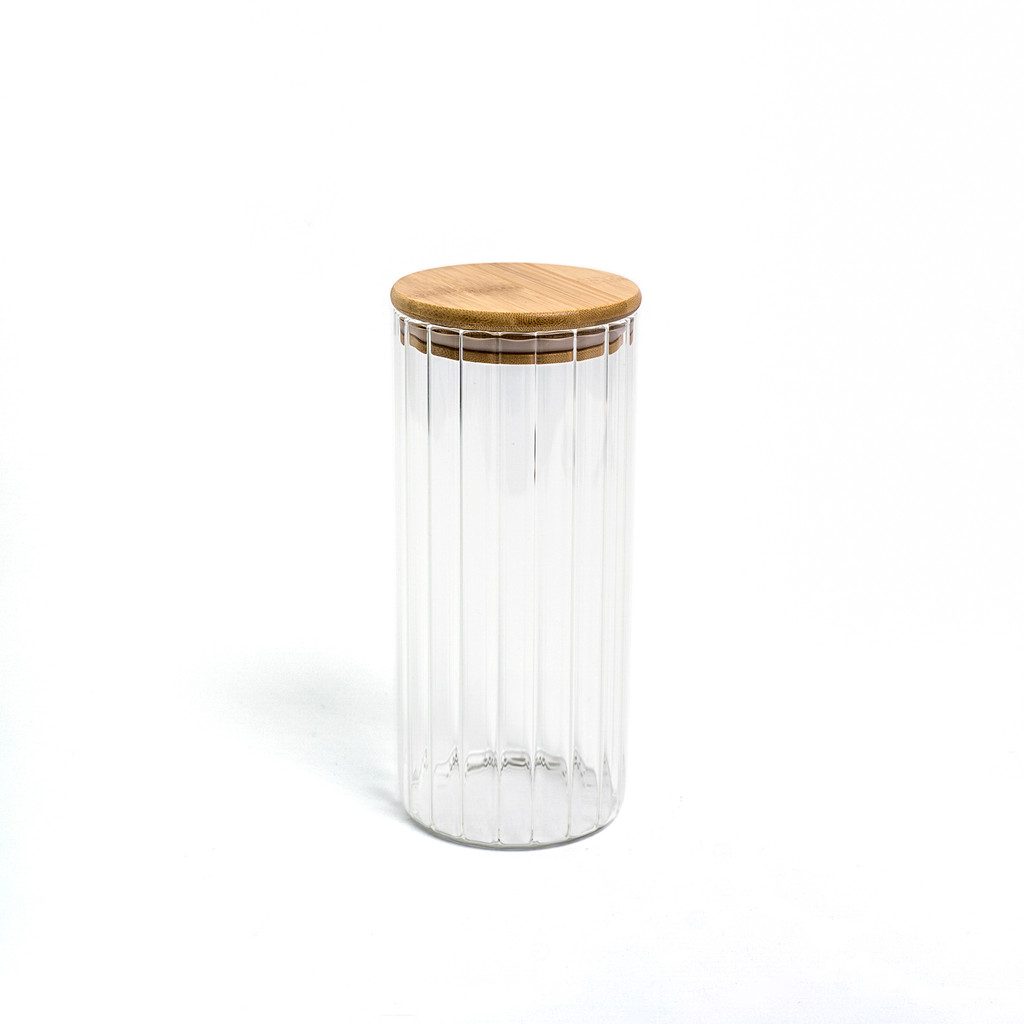Pote 1100ml de Vidro Canelado com Tampa de Bambu de Mantimento - Oikos