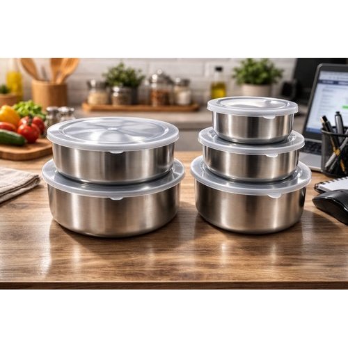 Conjunto 5 Potes Hermeticos Redondos Inox Tampa Vedacao Segura Lavavel Reutilizavel Cozinha Organizacao