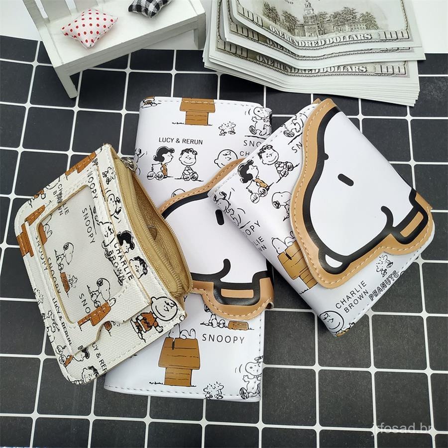Carteira Fofa Snoopy Longa e Curta para Meninas, Carteira de Moedas em PU com Coração, Estilo Dobrável de Carteira Fofa