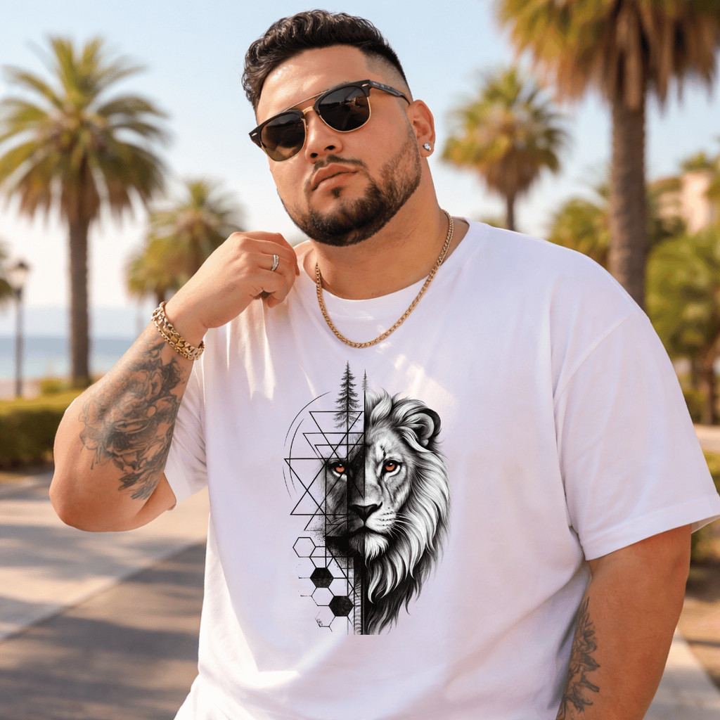 Camiseta Plus Size Masculina Estampada Leão Detalhes 100% Premium Manga Curta Casual Blusa Academia Camis