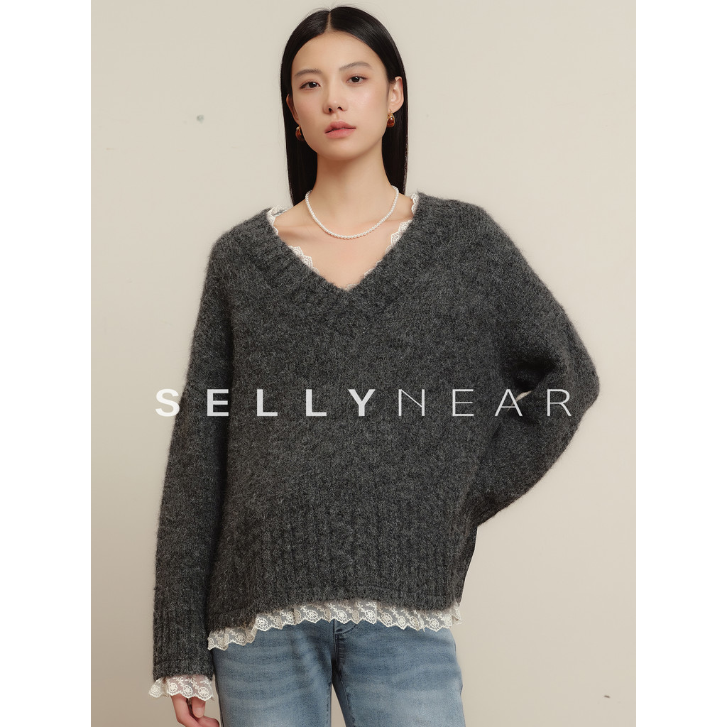 SELLYNEAR Maternidade Outono Inverno Suéter 2025 Novo Estilo Moda Com Decote Em v Renda Costura Pulôver Macio Suéter