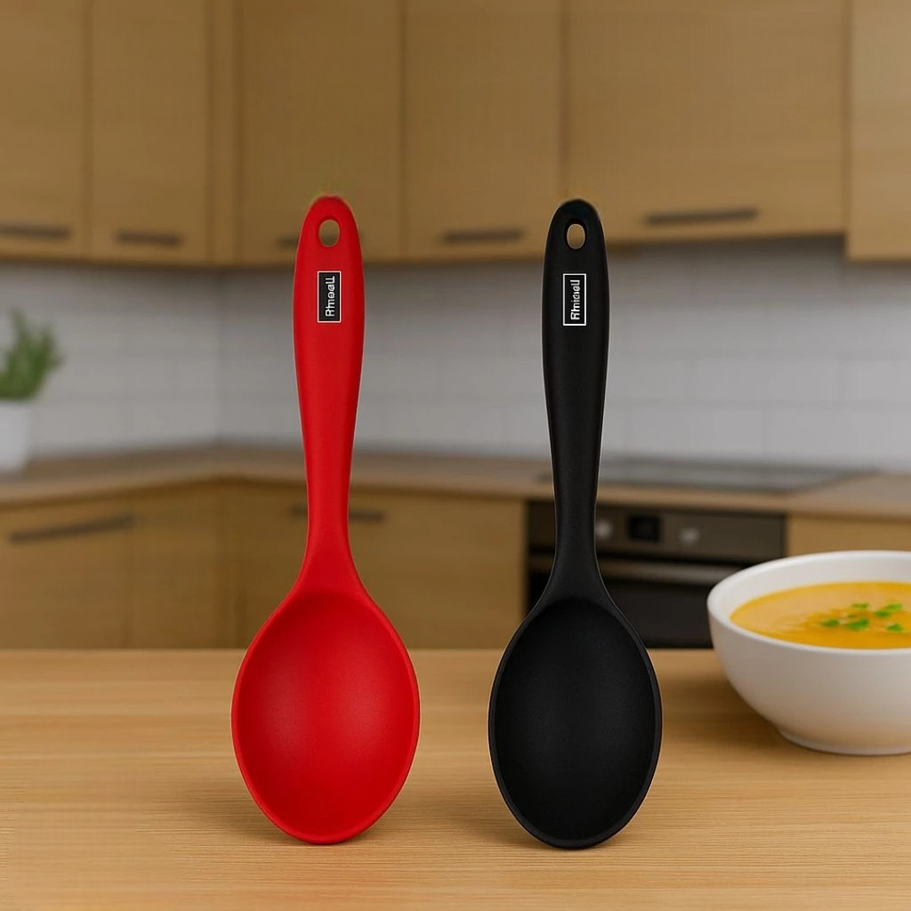 Colher Silicone Preta Vermelha Cozinha Talheres Pegador Mexer Comida Utensílio Concha Achadinhos