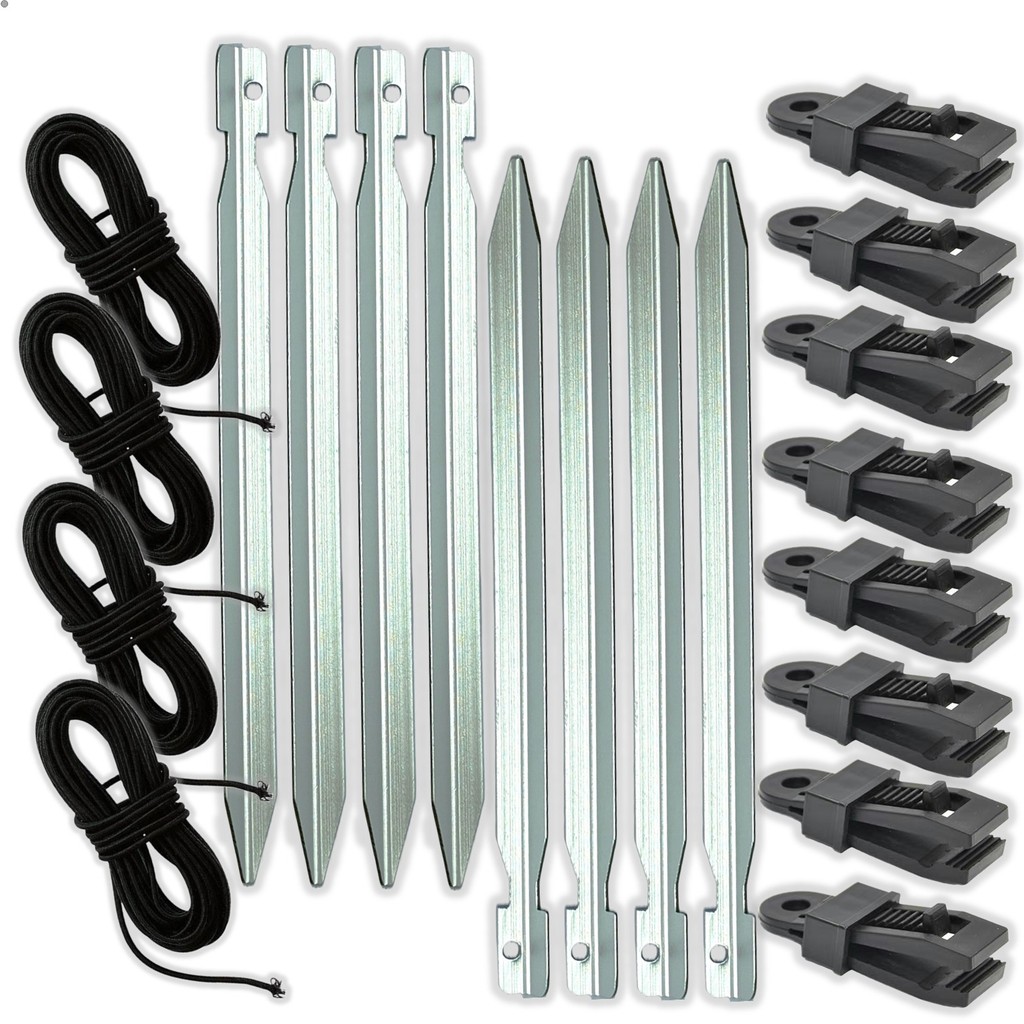 Kit Fixação Barraca Tenda Camping 8 Estaca Alumínio Triangular + 8 Clipes Jacaré + Elástico 6mt cada