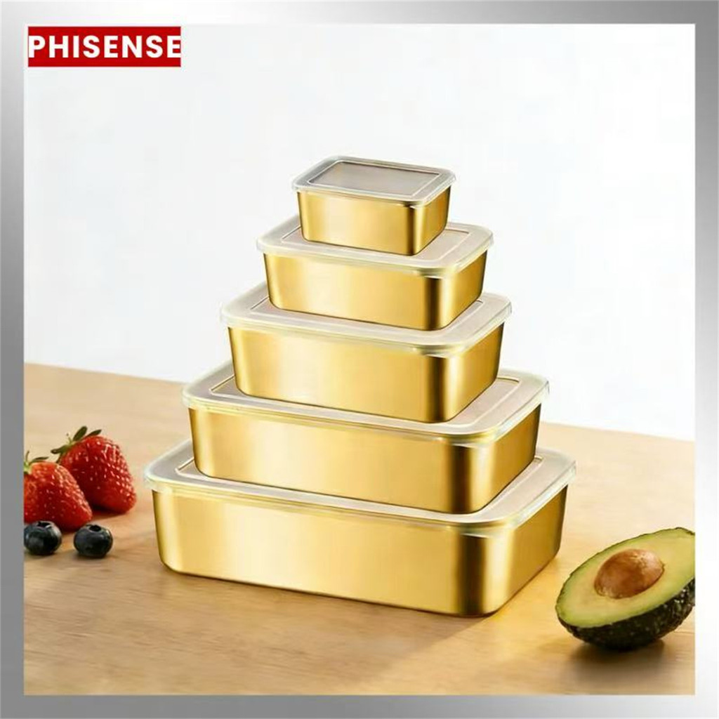 Kit 5 Potes Aço Inoxidável Dourado Vários Tamanhos Marmita Hermética,Organizador de Geladeira