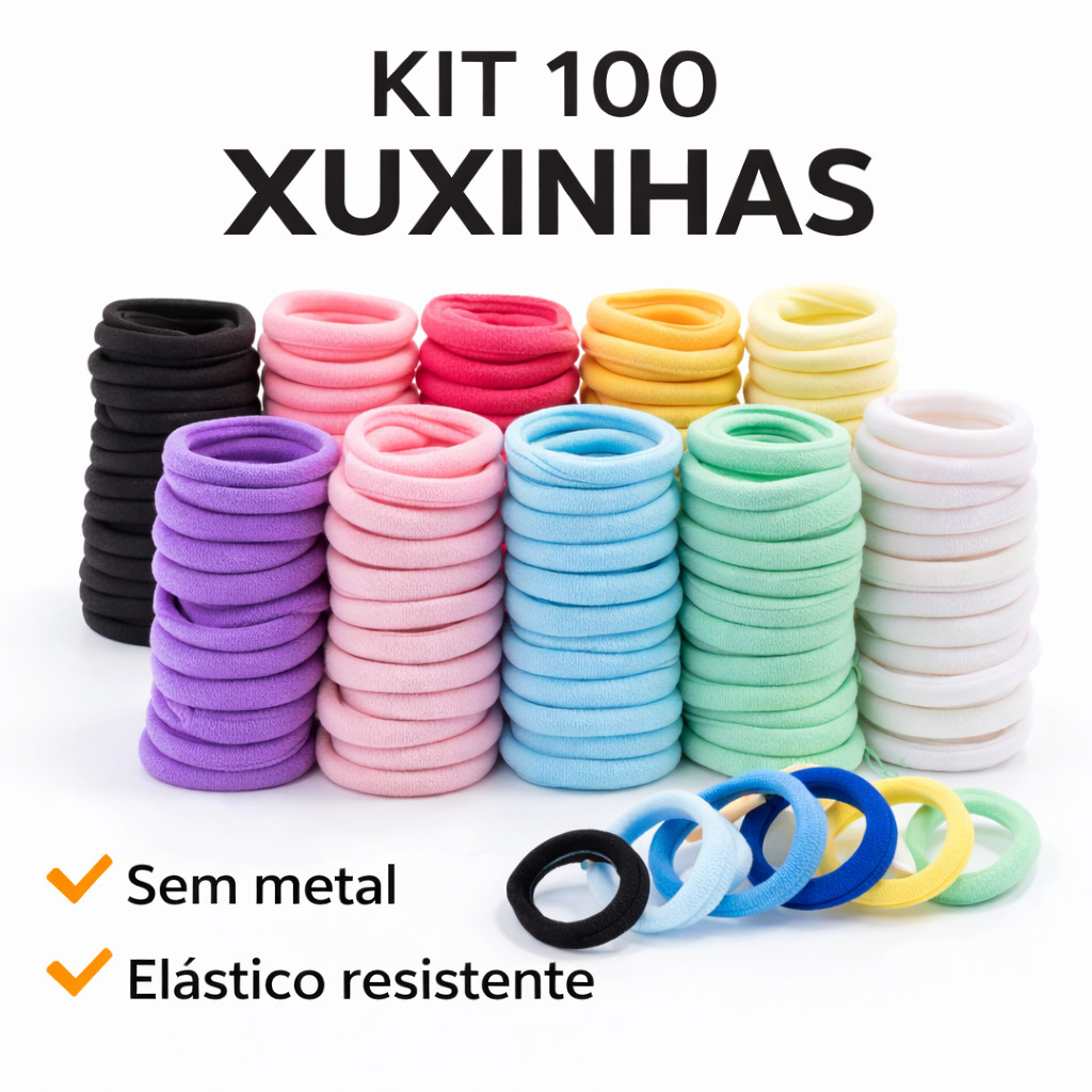 Kit 100 Xuxinhas Elástico de Cabelo Rabicó Sem Metal Colorido Alta Resistência Acessório Cabelo