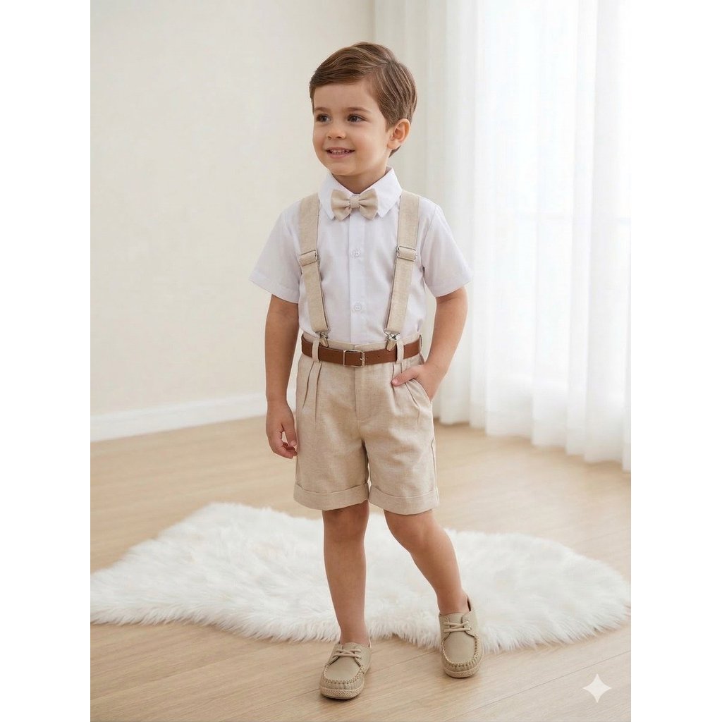Conjunto infantil Social Linho Shorts camisa suspensório gravata bege meninos pajem batizados fardamento