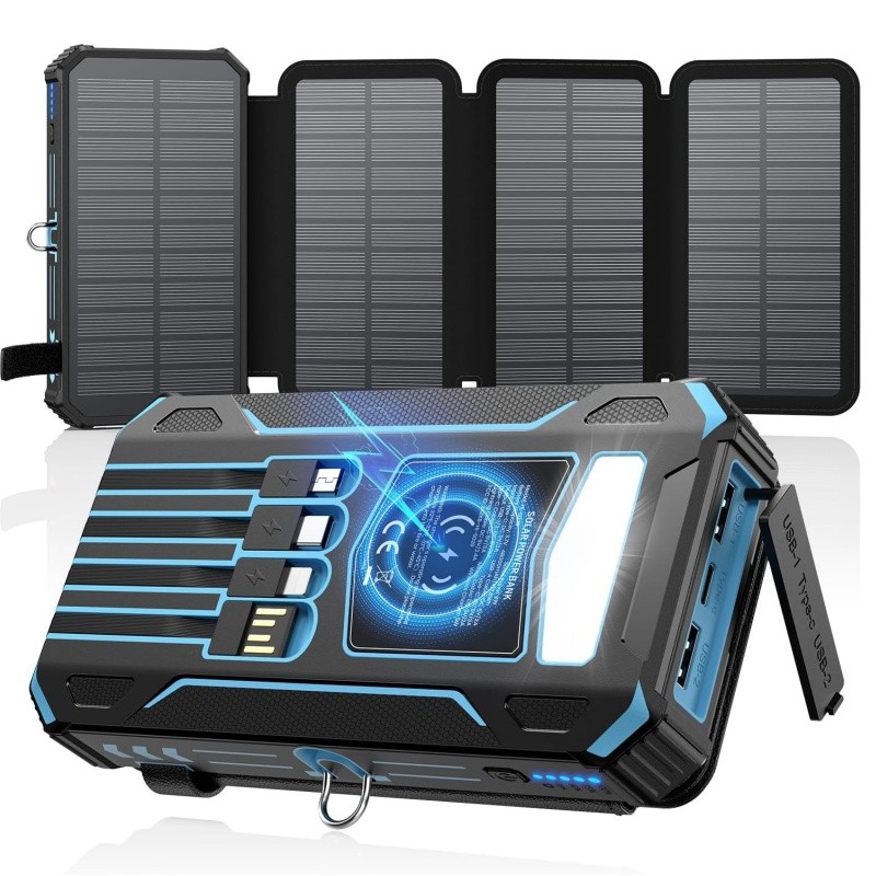 Carregador Solar Portátil 20000mAh com 4 Cabos e 4 Painéis Solares Integrados