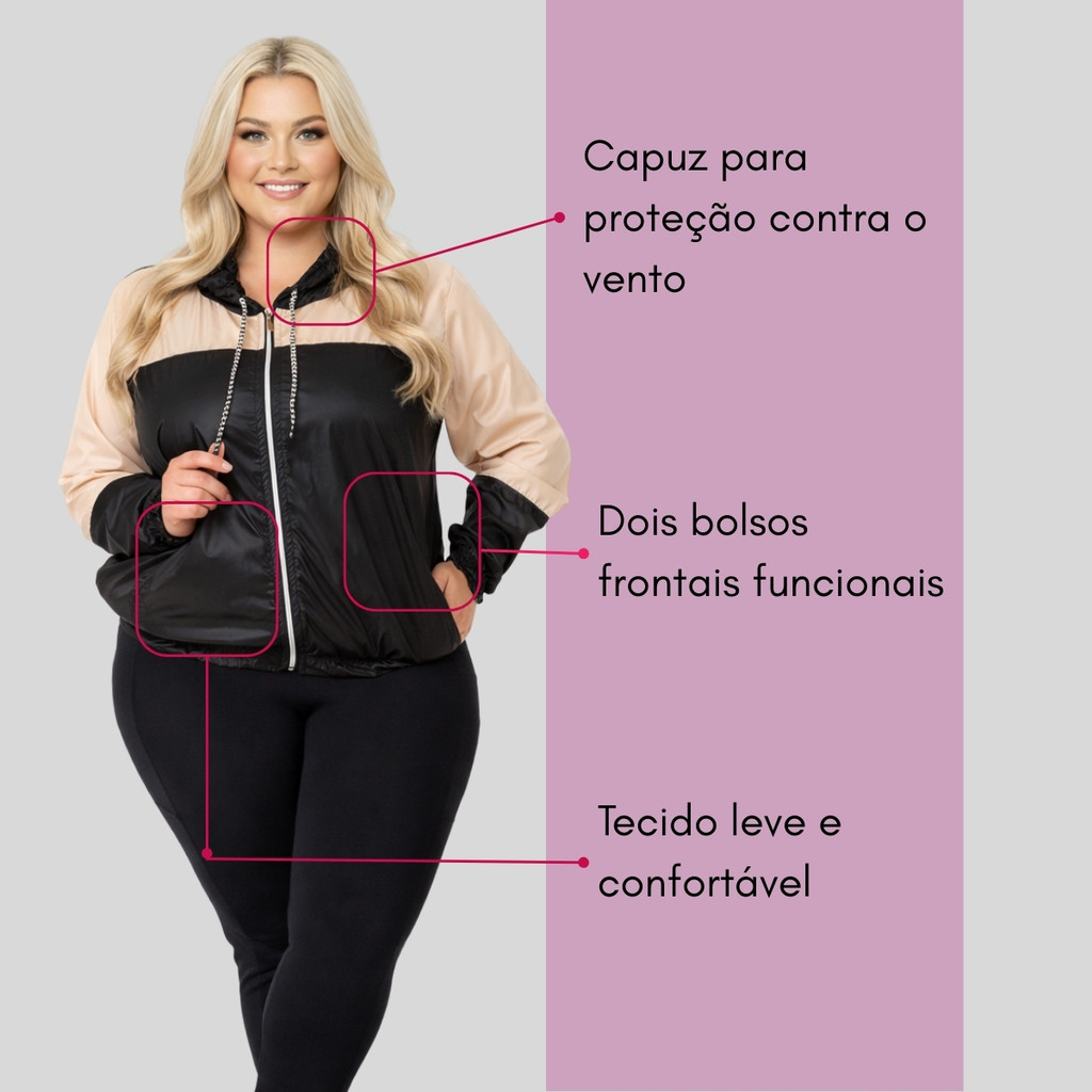 Jaqueta Corta Vento Feminina Com Capuz E Bolso Bicolor Poliéster 1184-C2